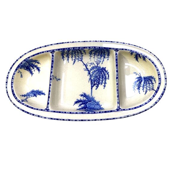 Pottery Barn 'Sophia' Blue & White Chinoiserie Willow Divided Oval Dish/Tray - Picture 1 of 5